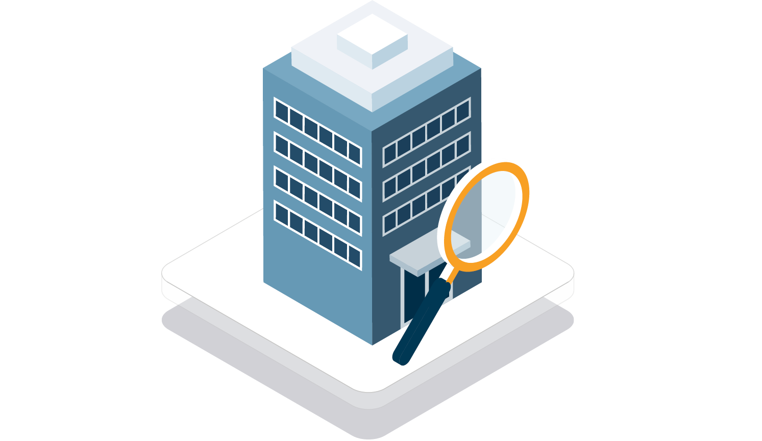 illustration of office building with magnifying glass on top